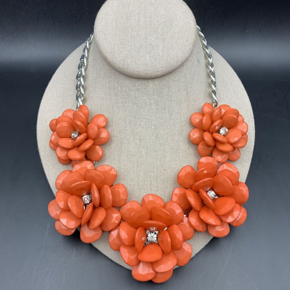 Flower Bib Statement Necklace Pink Coral Colorful Floral Spring Chunky Bold